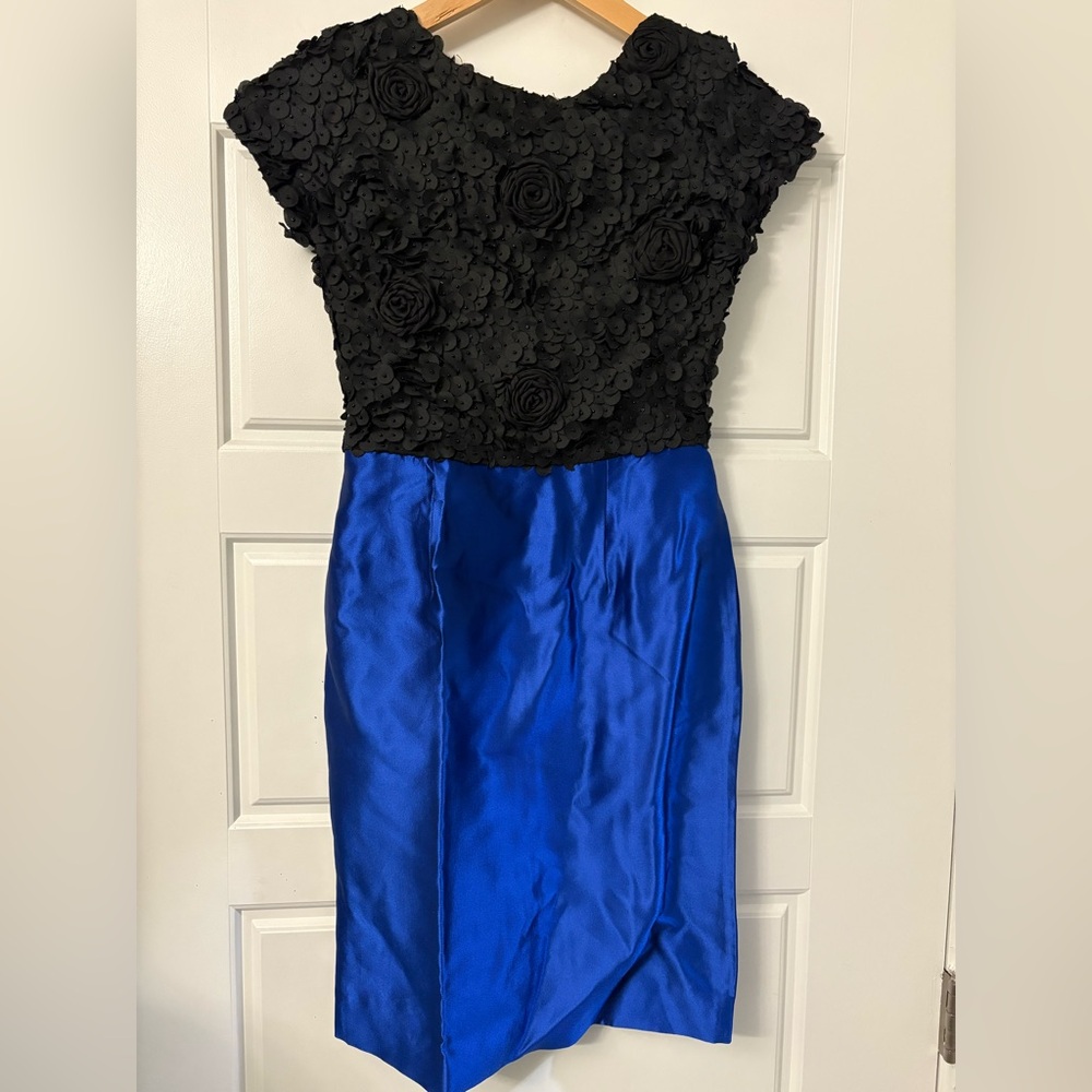 Chetta B Floral Applique Lace Bodice Dress Blue Silk Skirt Pockets XS S 2 4